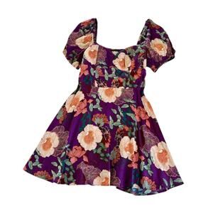 Band of the Free Aimee Purple Floral Puff Sleeve Mini Dress Women’s Size Medium